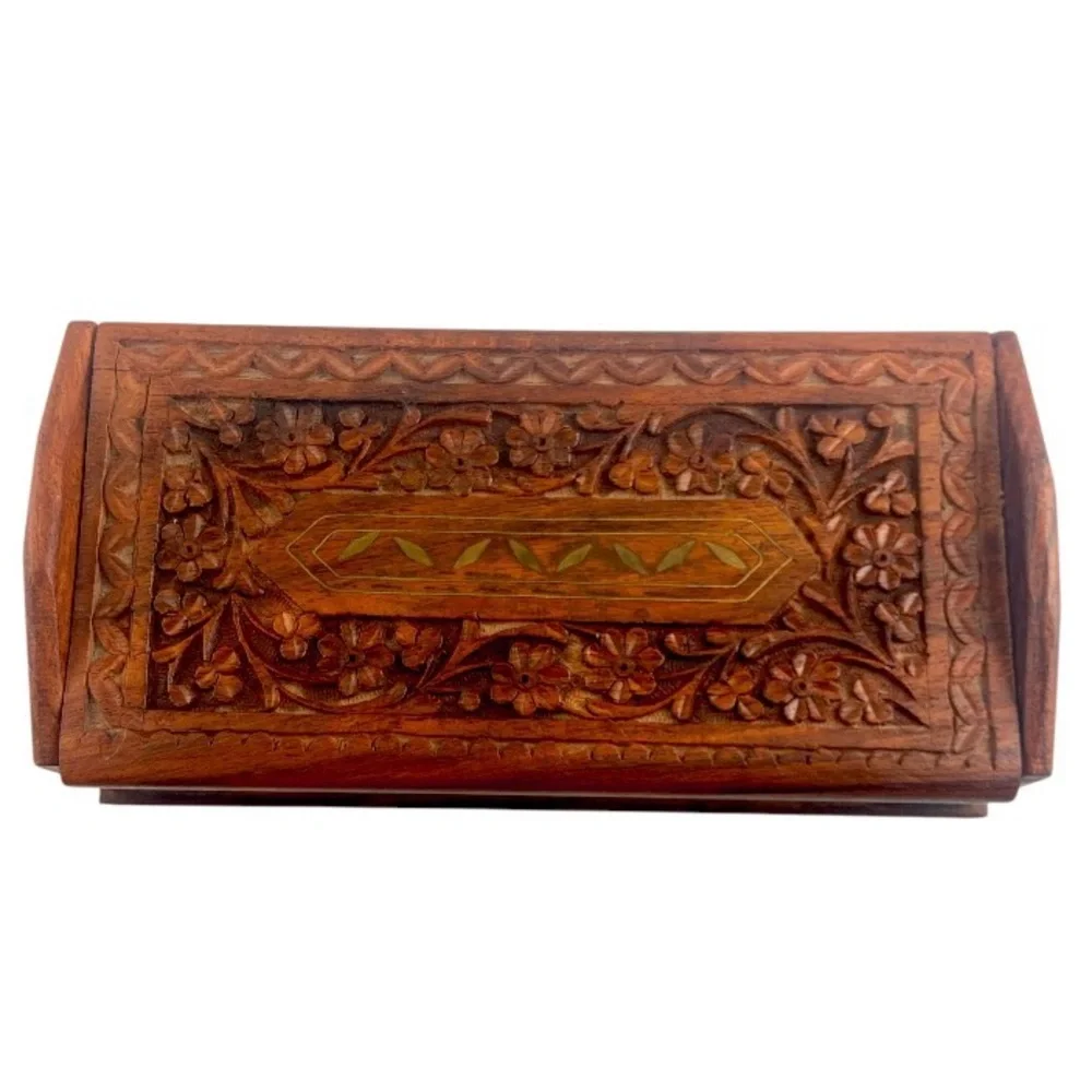 Vintage Ornate Indian Wooden Box Carved Floral Gold Paint Jewelry Trinket Holder